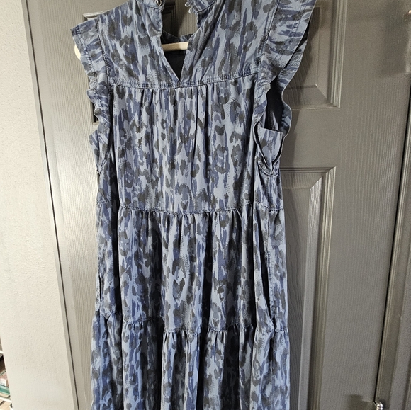 Light denim cheetah print Anthropologie flutter sleeve dress size Medium - Picture 2 of 3